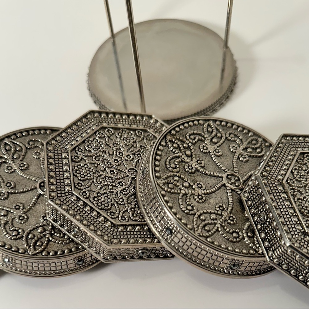 Vintage WALLACE Silver Coasters, Black Rhinestones, Rare7 Pieces, 2 Shapes - Picture 4 of 8